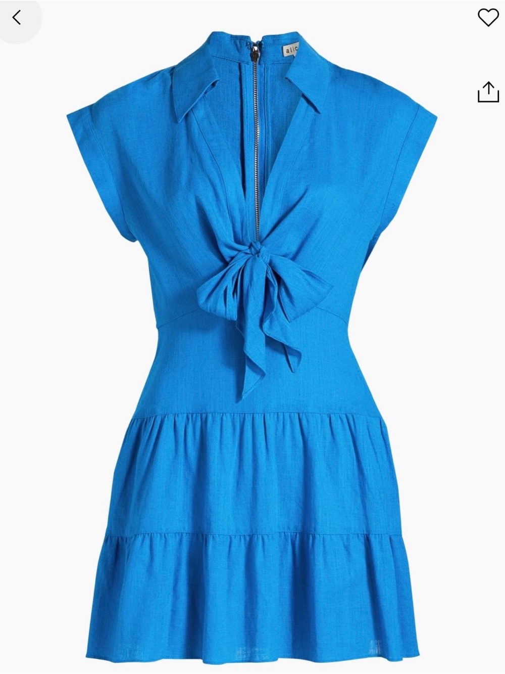 Alice + Olivia Mila Blue Tie-Front Cap Sleeve Tiered Dress Linen-Blend Minidress